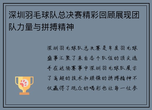 深圳羽毛球队总决赛精彩回顾展现团队力量与拼搏精神